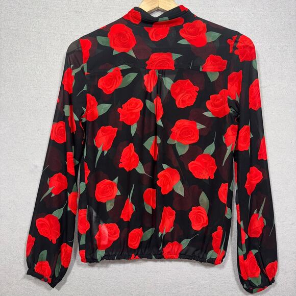 Guess Red Rose Floral Print Maximalist Blouse XS Black Dark Statement Gothic - Picture 2 of 6